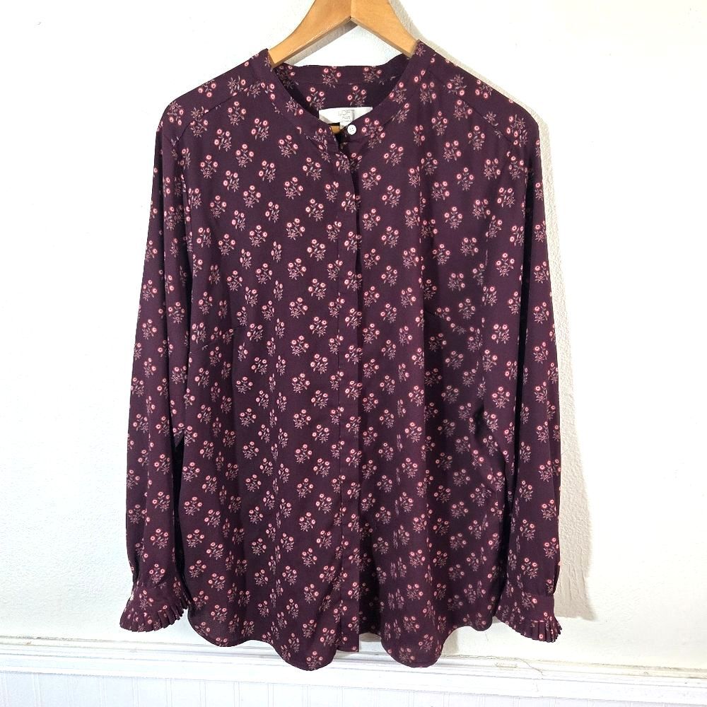 LOFT Plus Floral Blouse Womens Size 18 Burgundy Long Sleeve Pleated Cuff Button